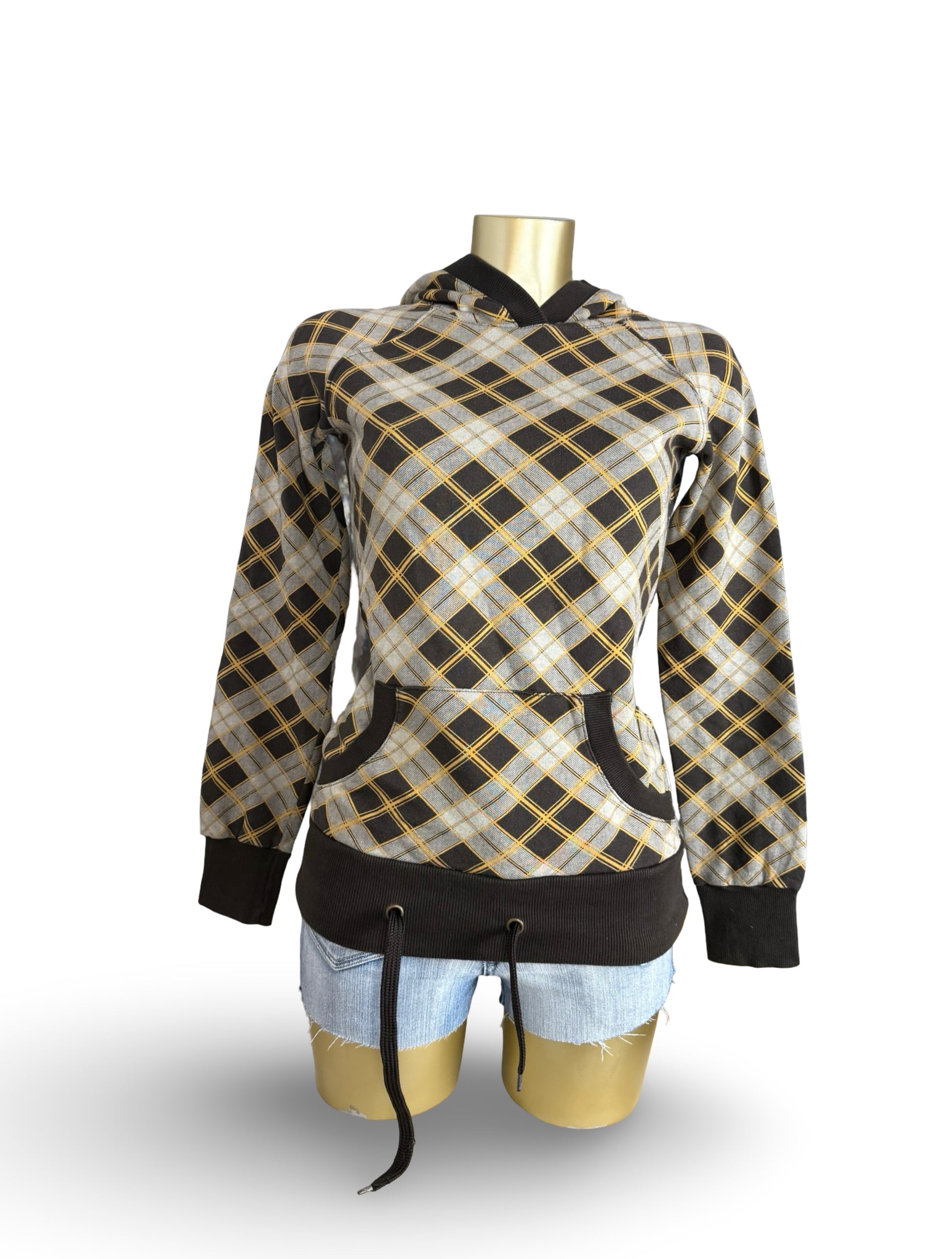 Brown check print cotton hoodie (S)