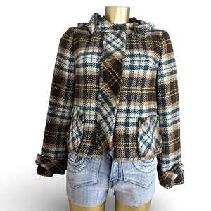 Beige check print hooded wool coat (M)