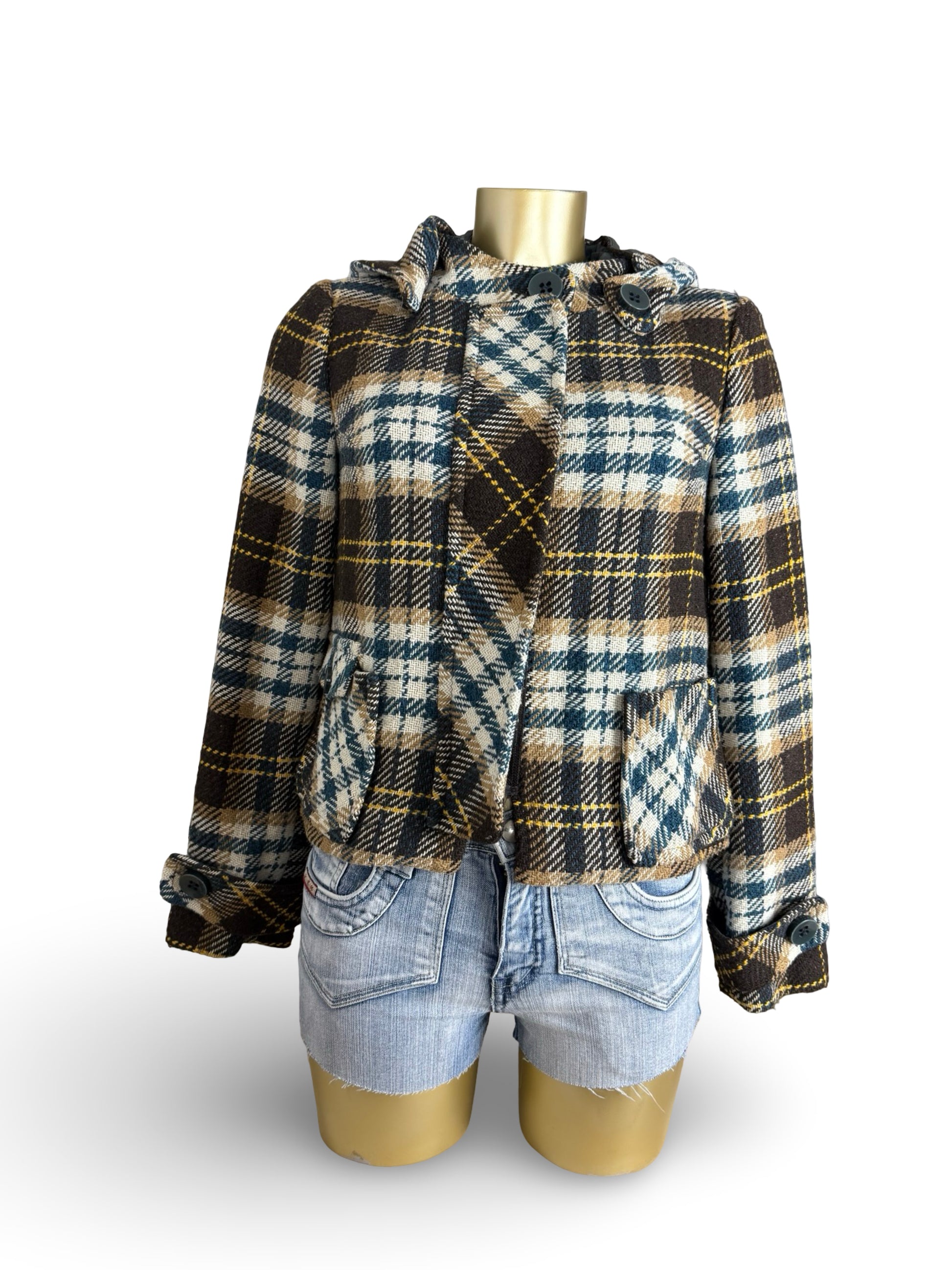 Beige check print hooded wool coat (M)