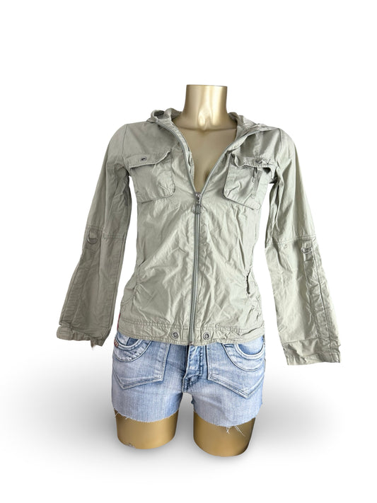 Khaki tight fit cotton hooded jacket (S)