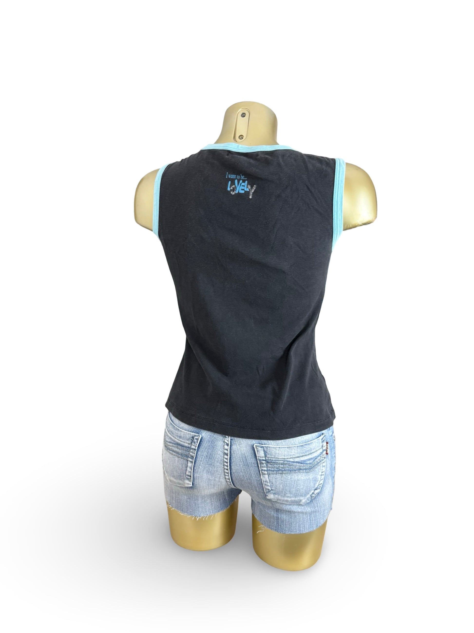 Black zip up cotton graphic tank top (L)