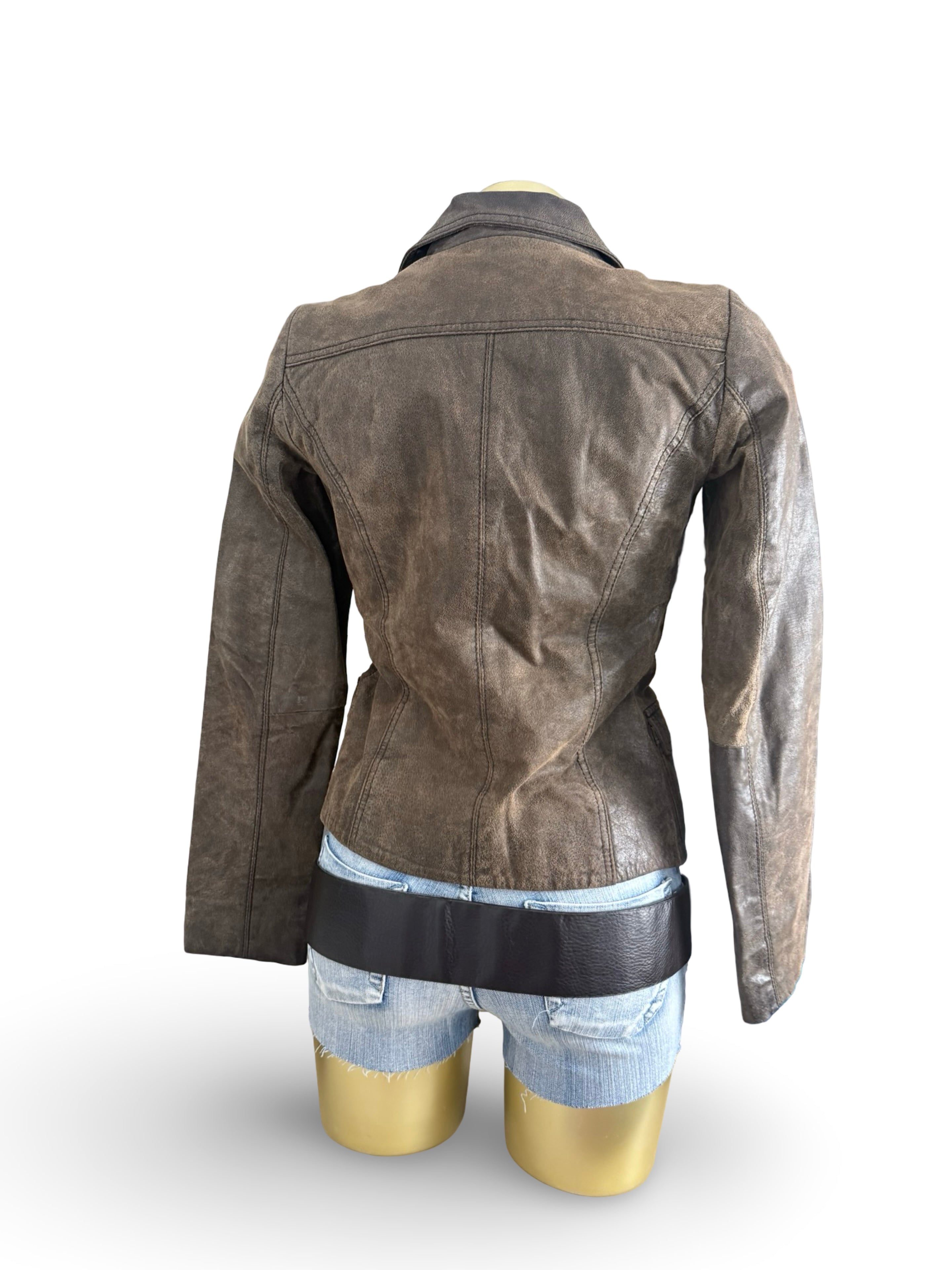 Brown real leather tight fit jacket (XS)