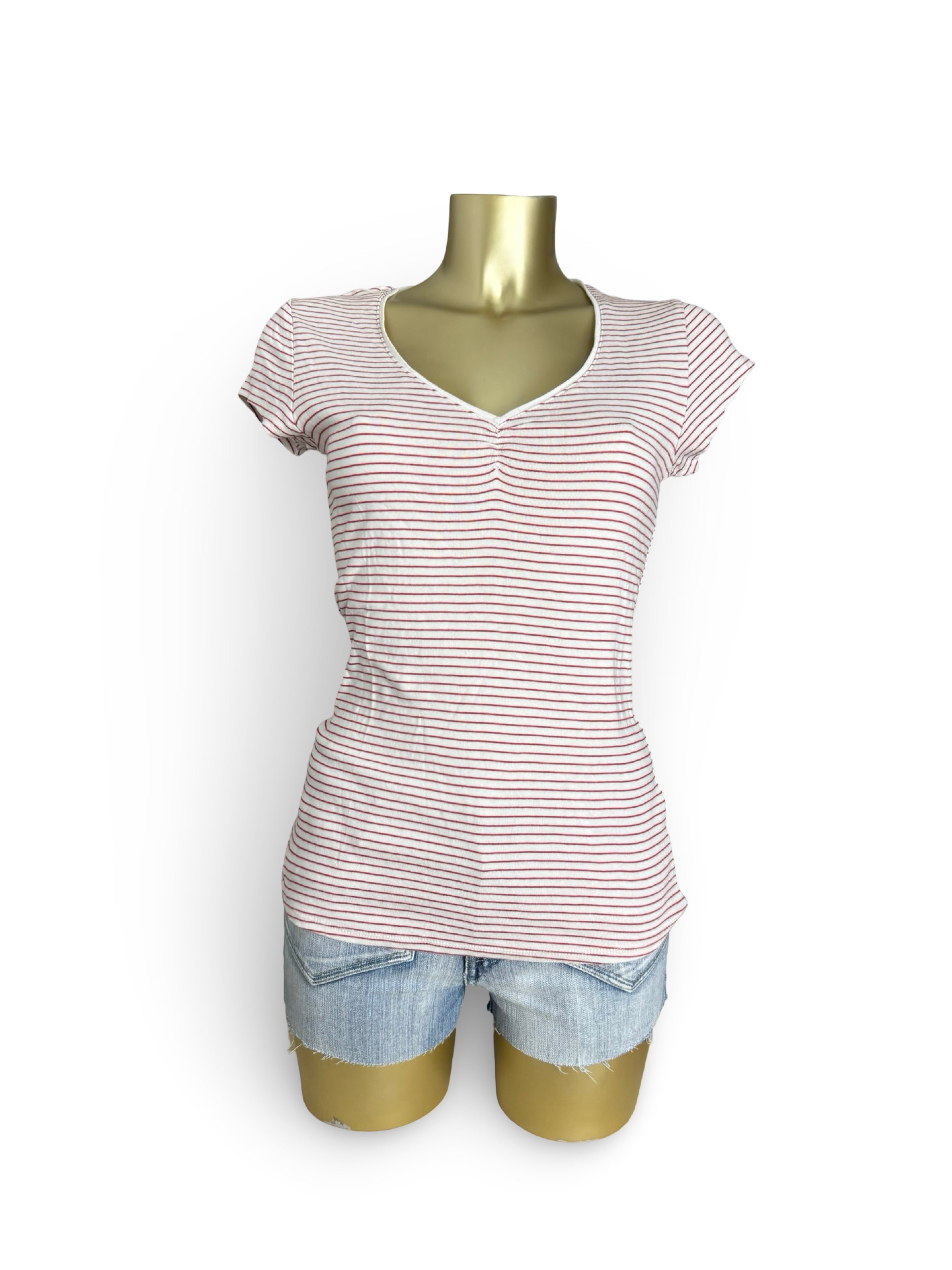 White & red striped cotton V neck tee (L)