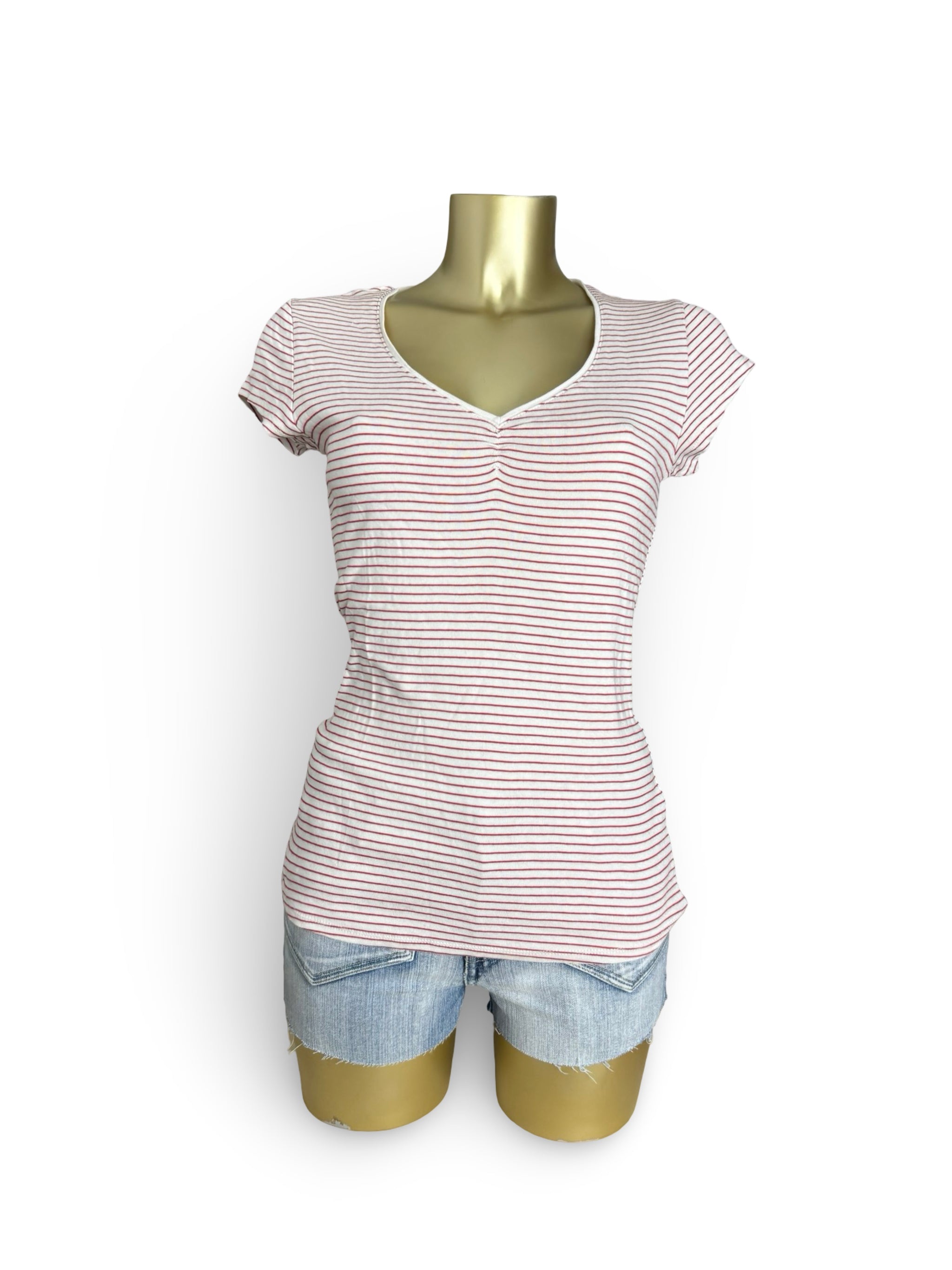White & red striped cotton V neck tee (L)