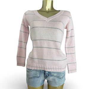 Baby pink striped V neck wool jumper (XS)