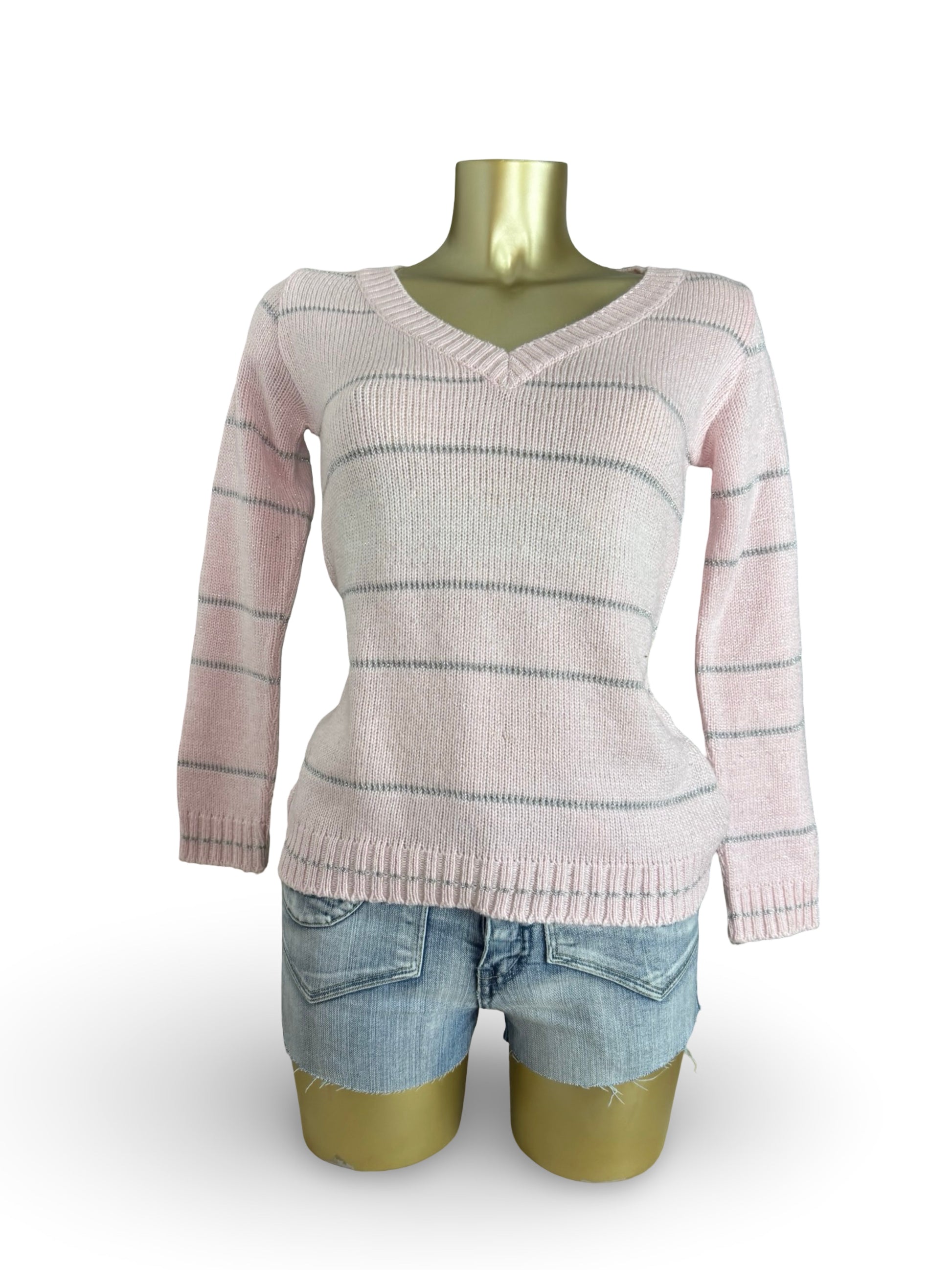 Baby pink striped V neck wool jumper (XS)