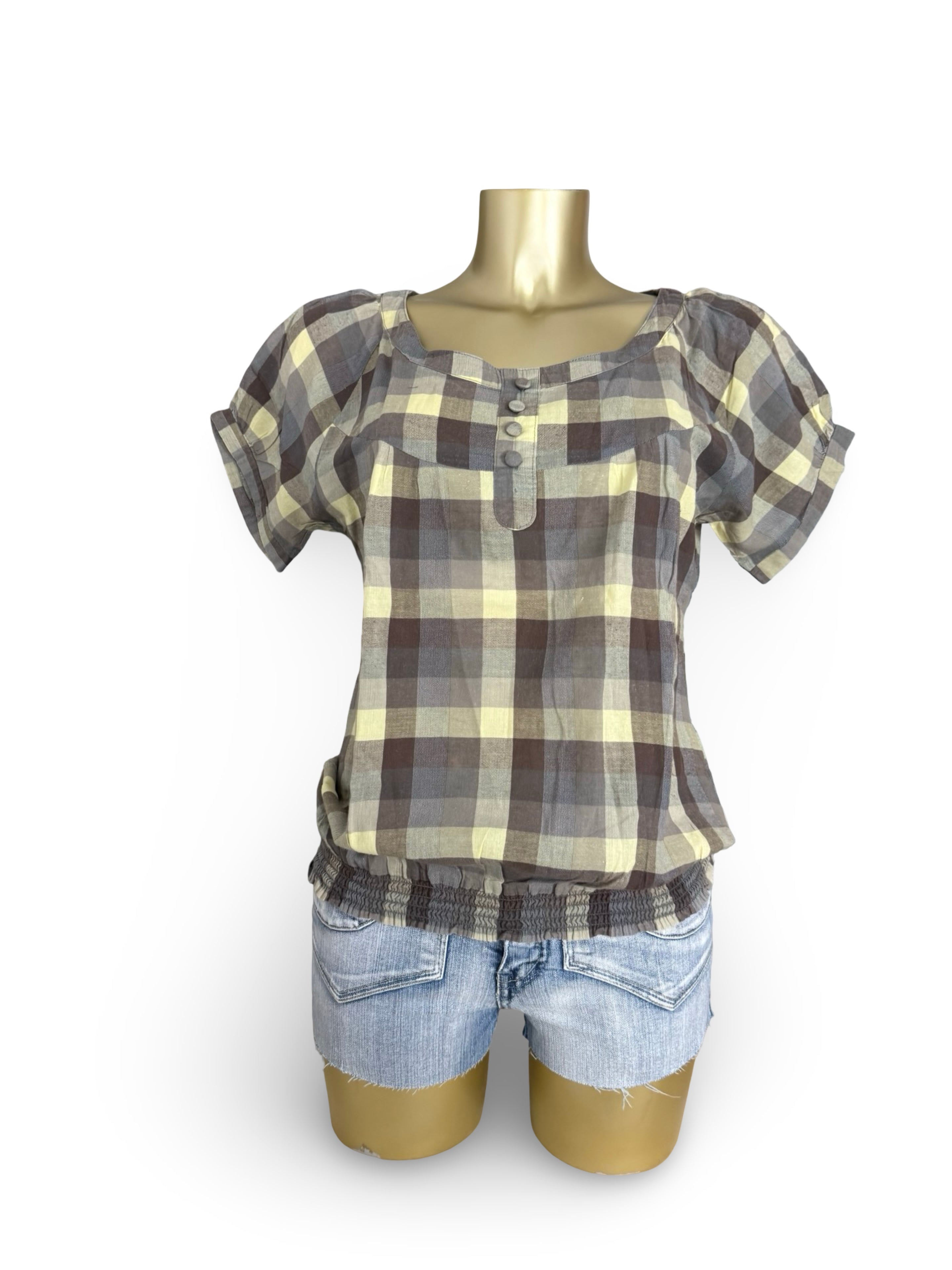 Khaki check print cotton tee (XL)