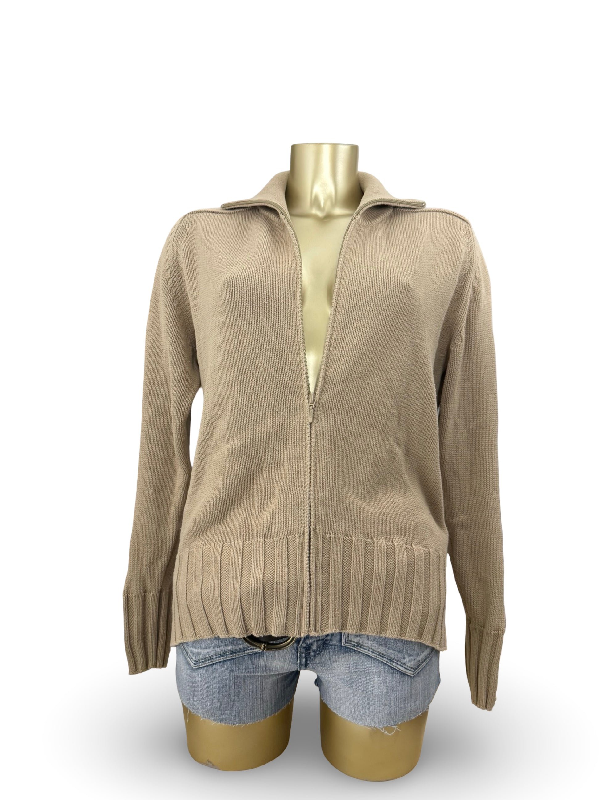 Beige 100% cotton zip up cardigan jumper (L)