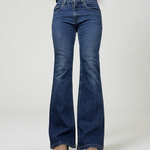 Blue denim mid rise flared pants (S)