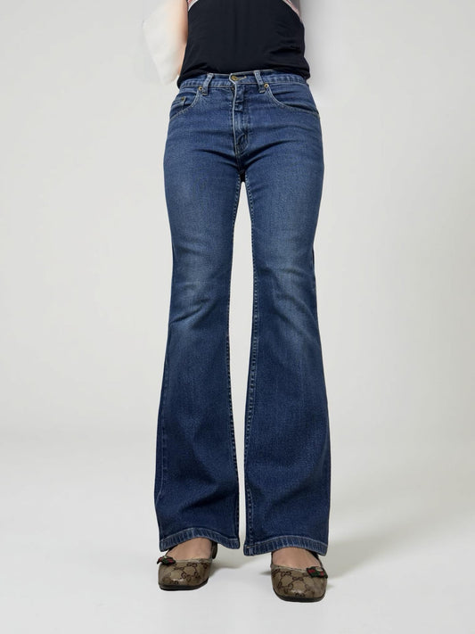 Blue denim mid rise flared pants (S)