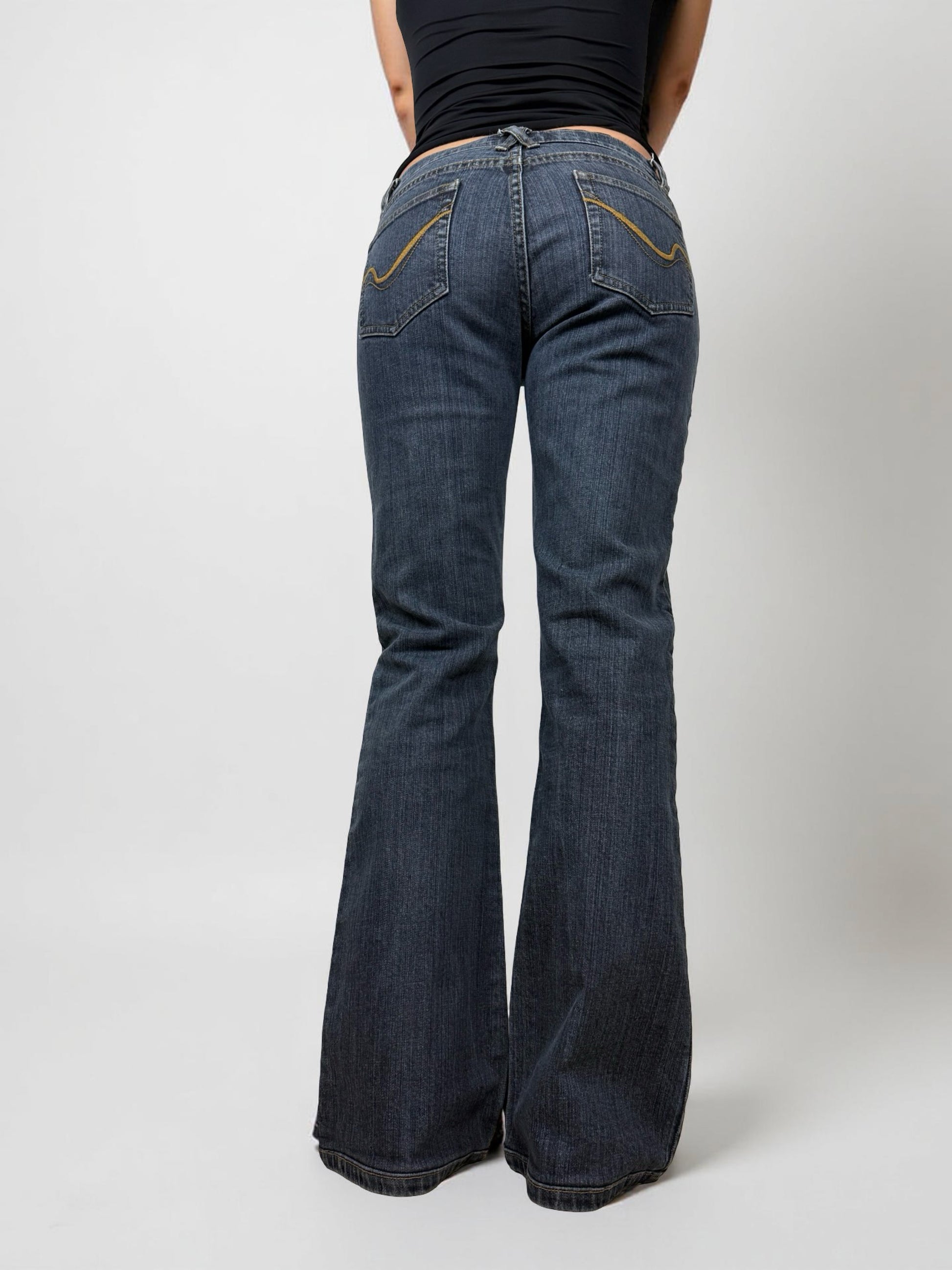 Blue navy denim low rise flared pants (S/M)