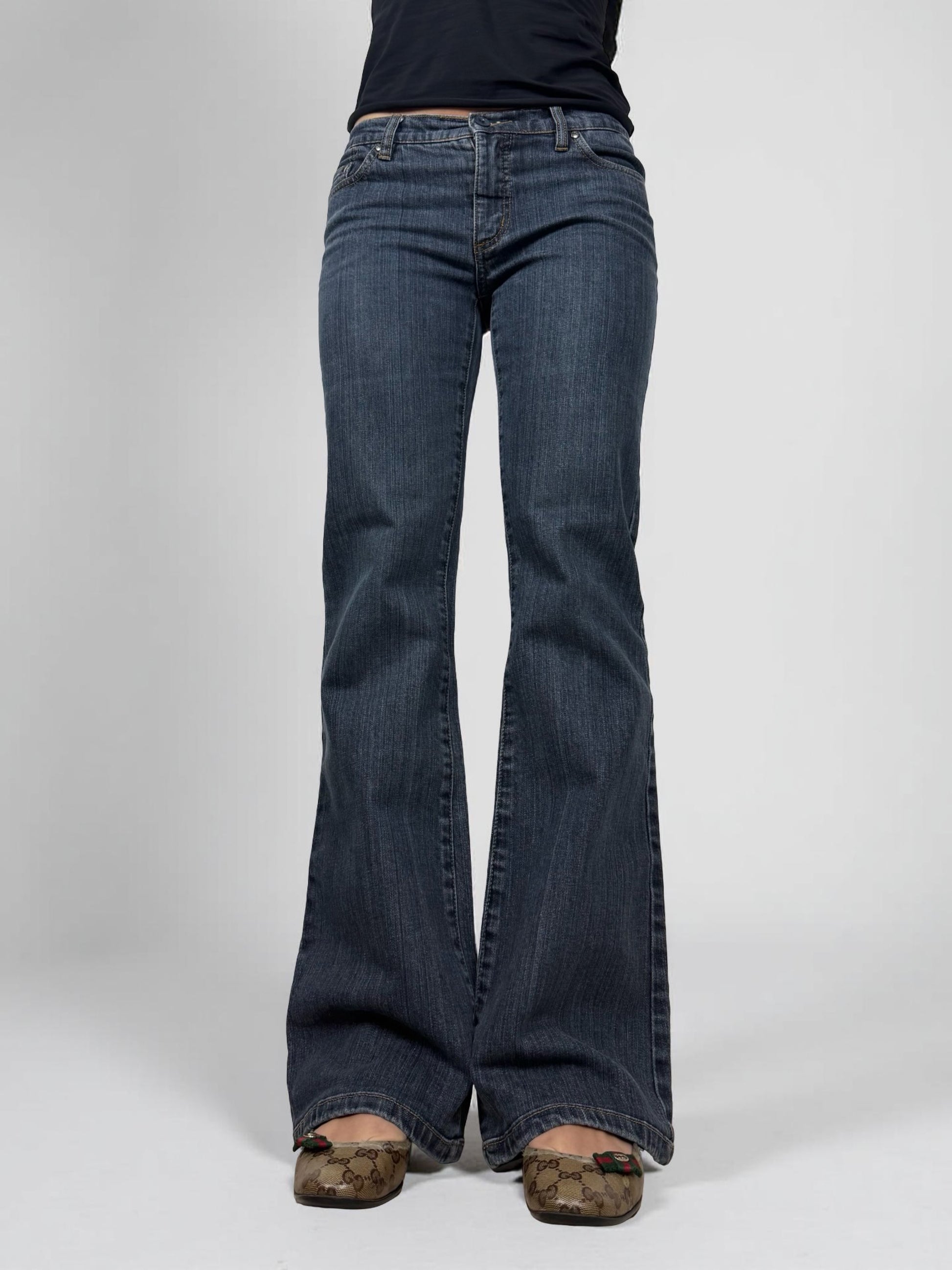 Blue navy denim low rise flared pants (S/M)