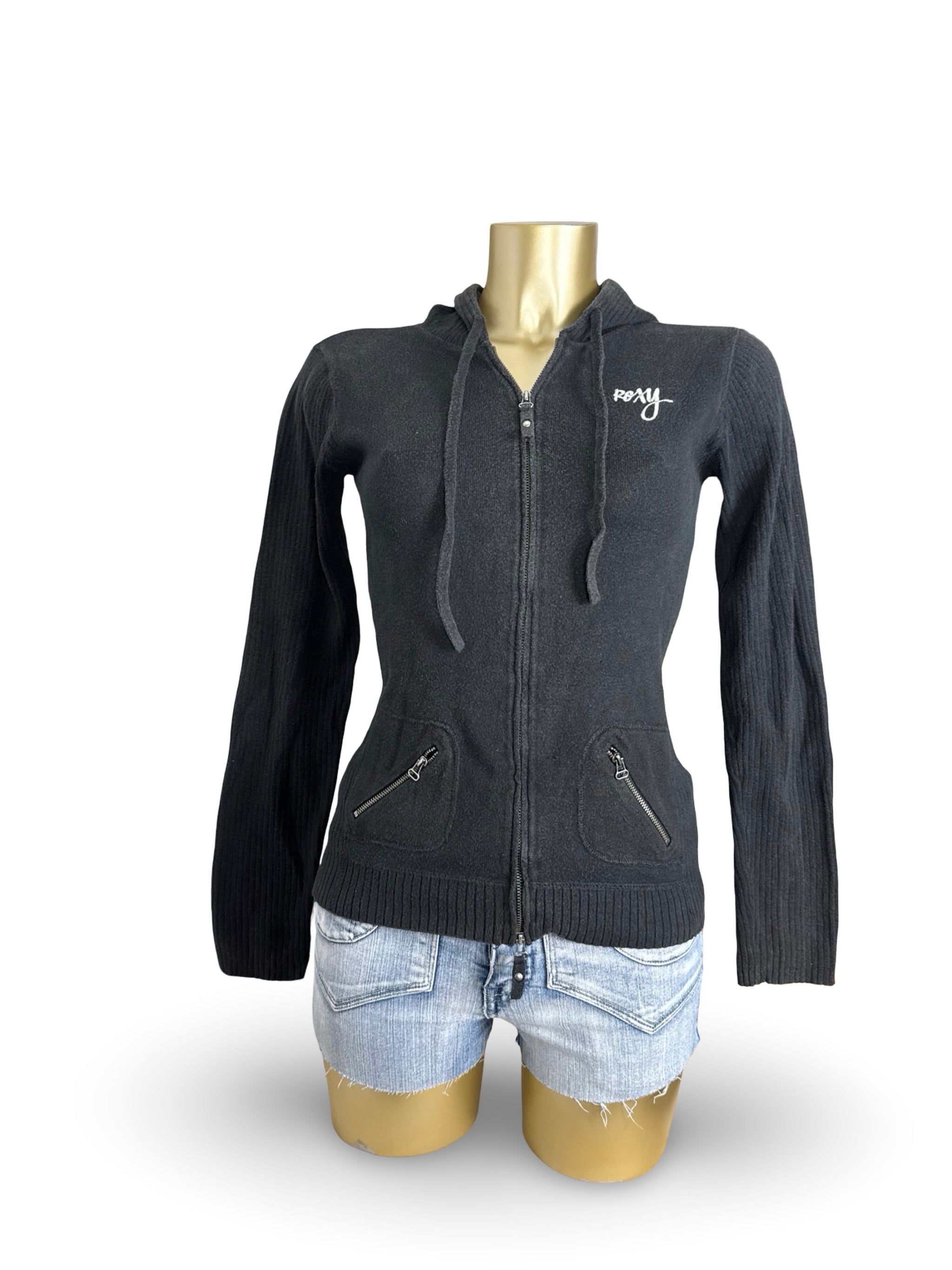 Black cotton zip up tight fit hoodie (XS)