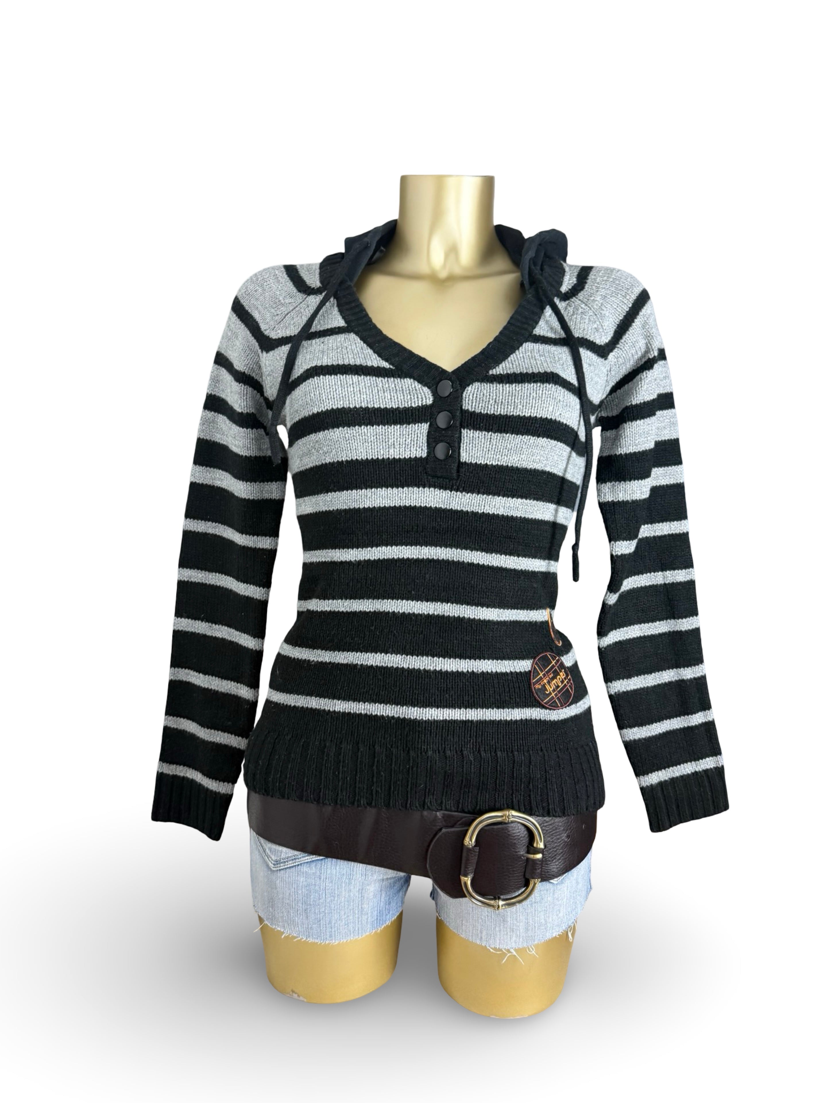 Black & grey striped hooded jumper (M)