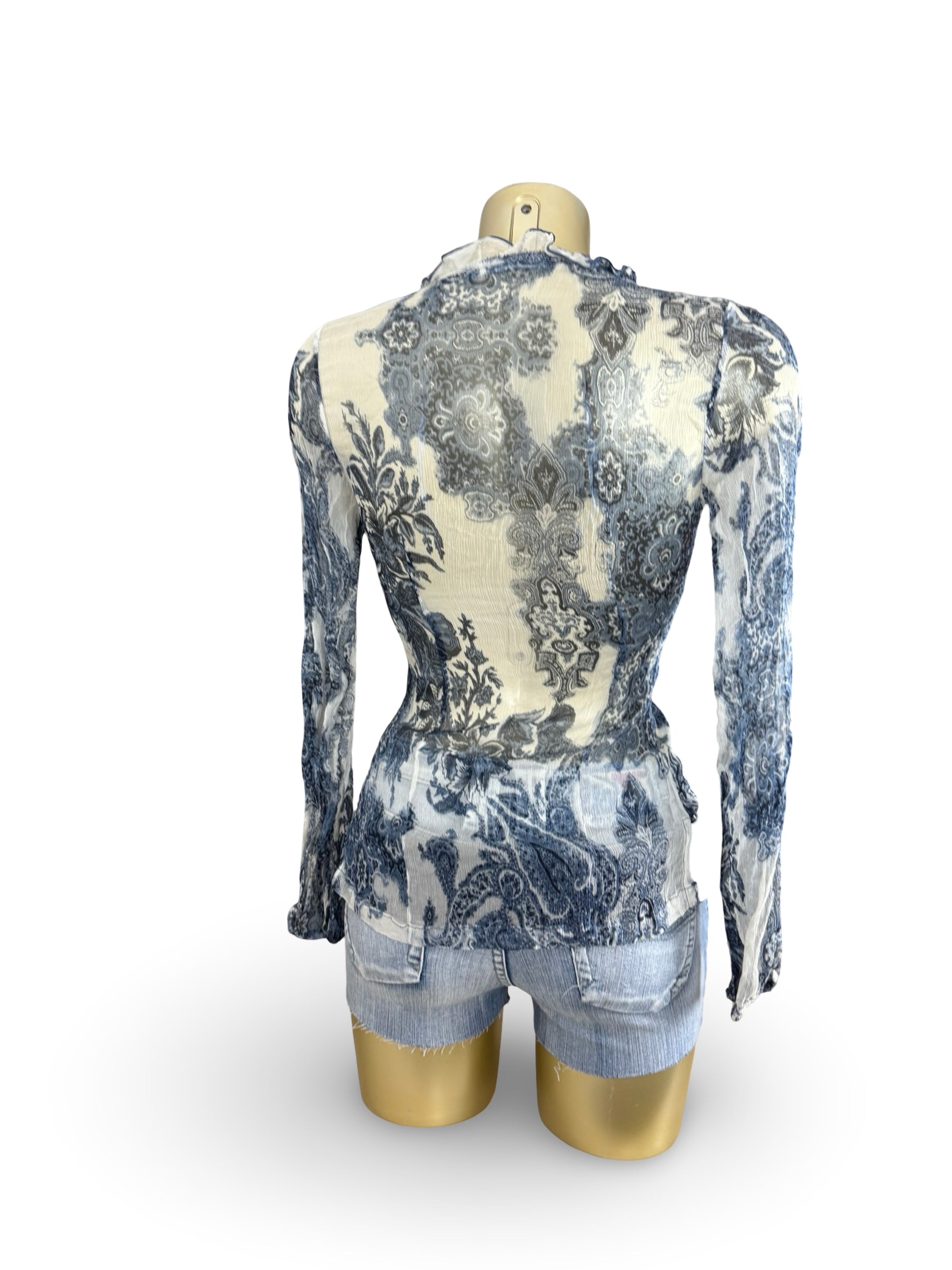 Blue see trough mesh silky long sleeves top (S)