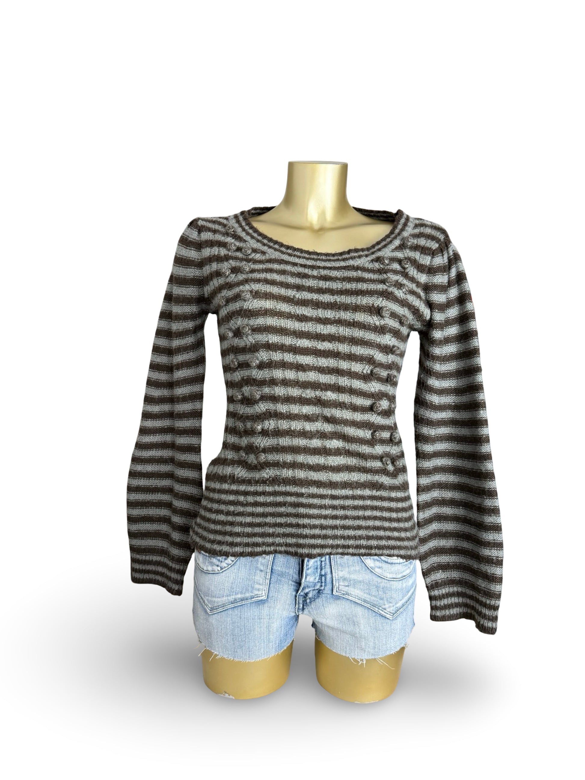 Khaki striped flared sleeves jumper (S/M)