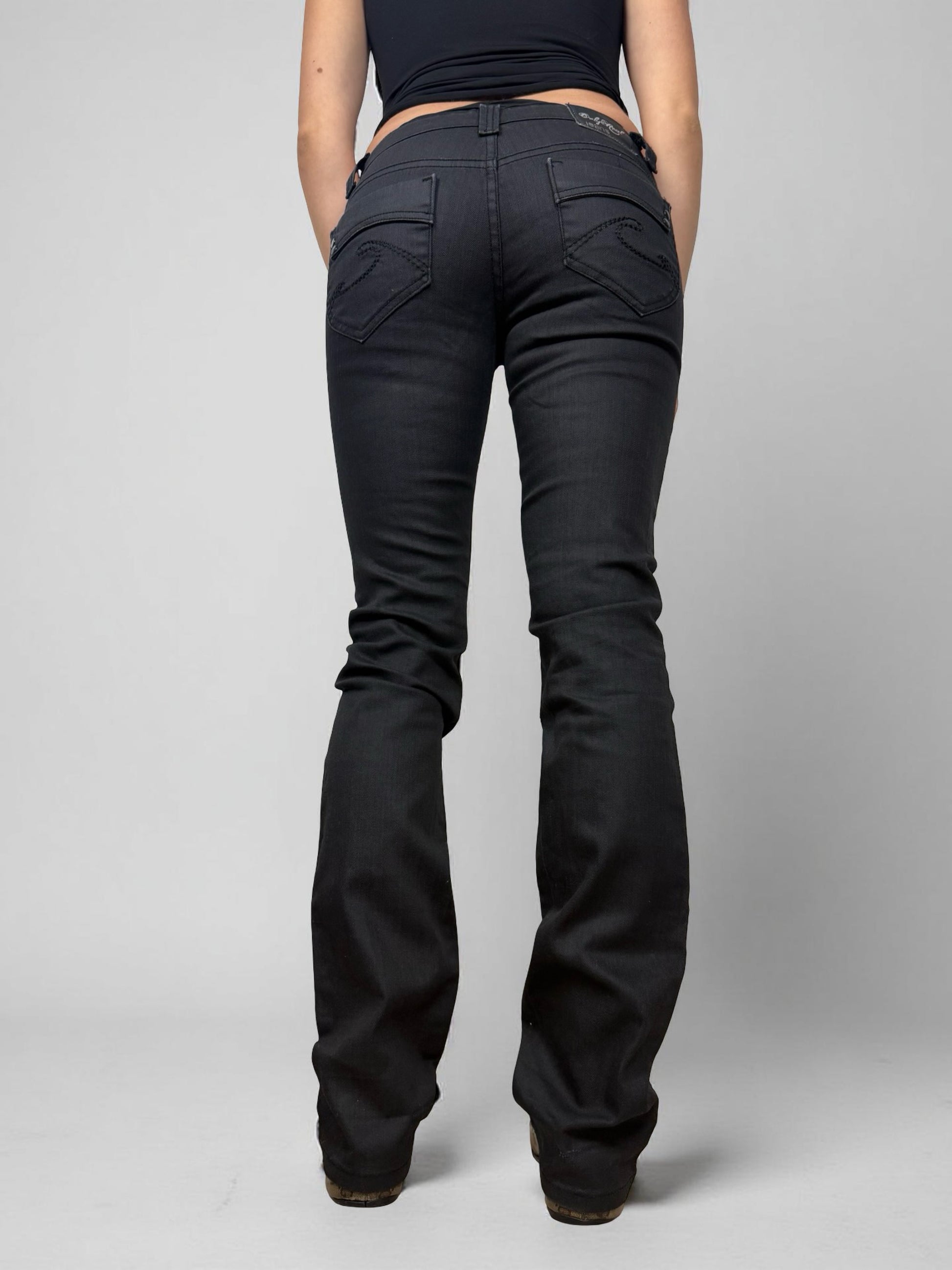 Black denim low rise straight legs pants (S)