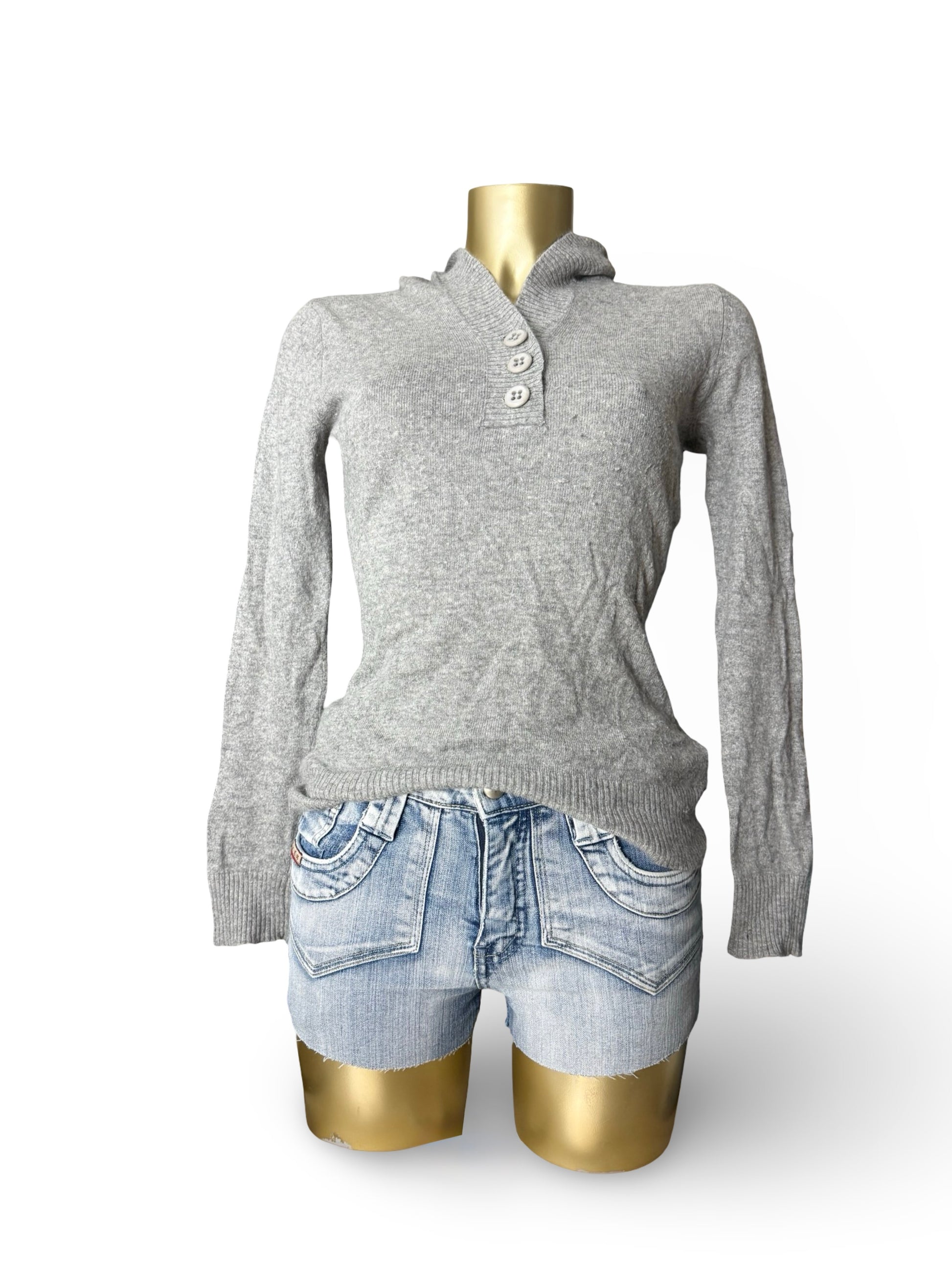 Grey real silk & cashmere tight fit hooded jumper (S/M)