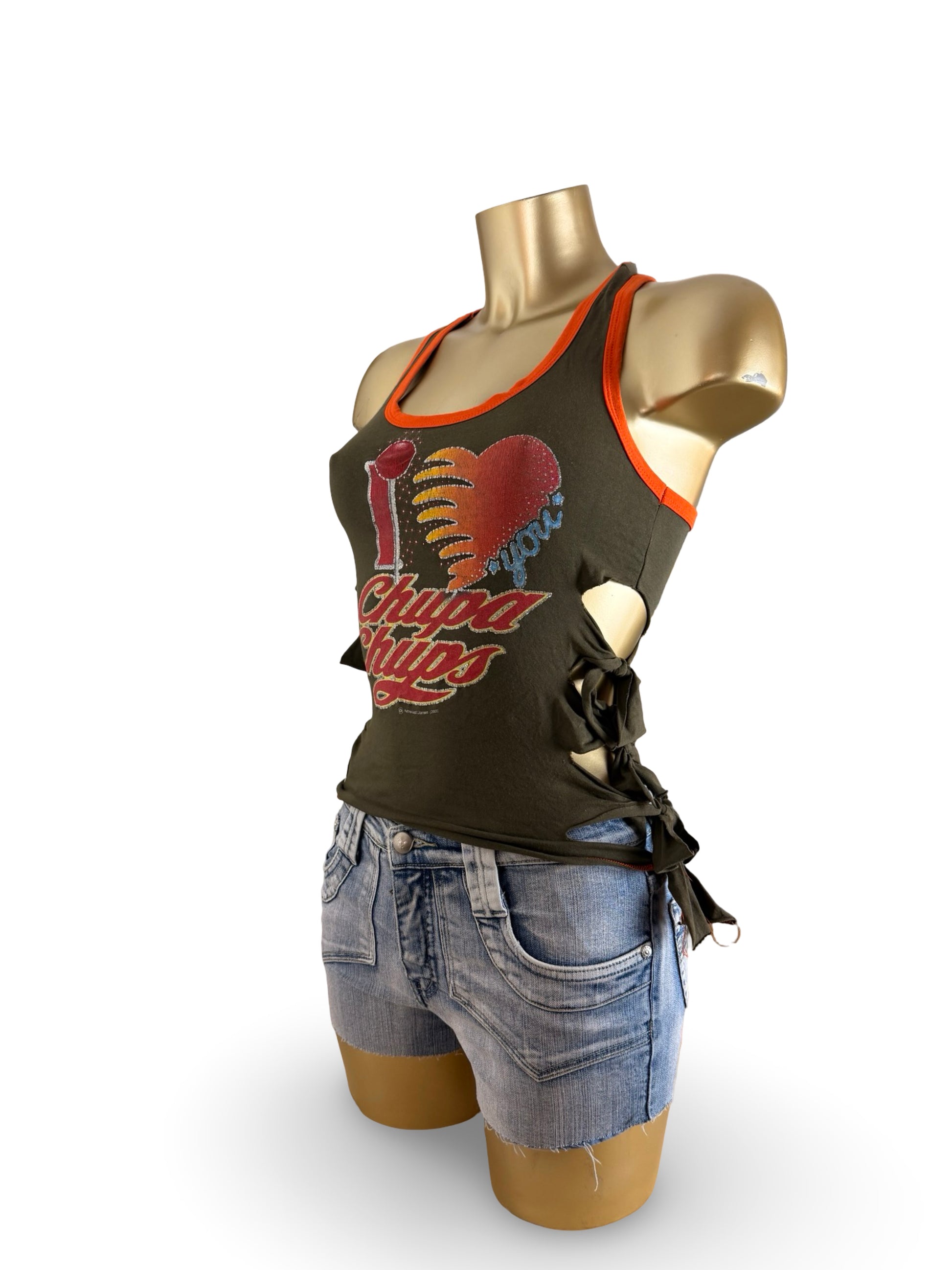 Khaki tight fit glitters cotton tank top (XS)