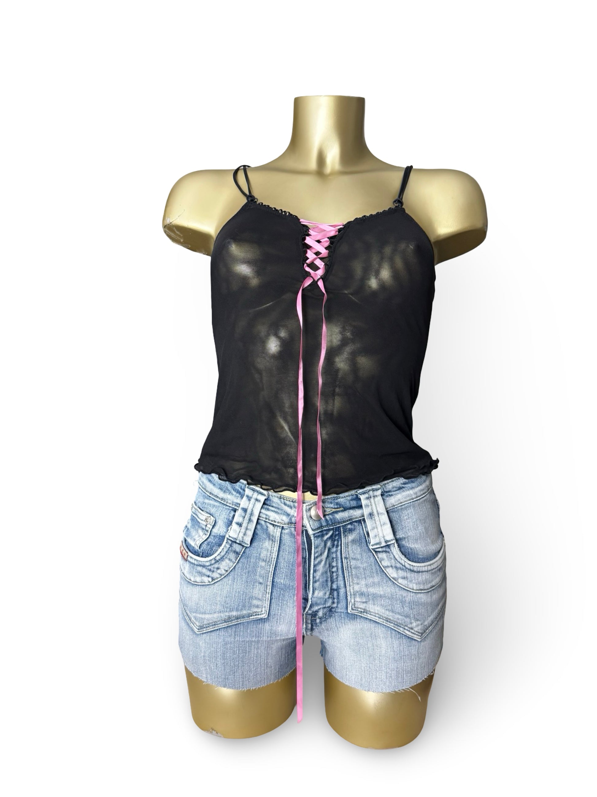 Black & pink mesh lined lace up babydoll cami top (S)
