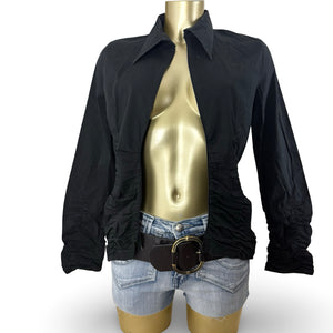 Black cotton ruched zip up tight fit shirt jacket (XL)