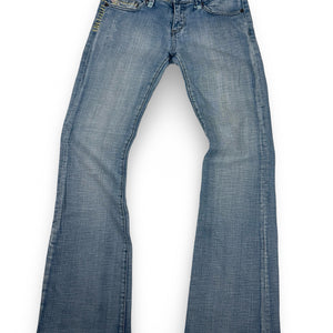 Blue denim low rise flared pants (M)