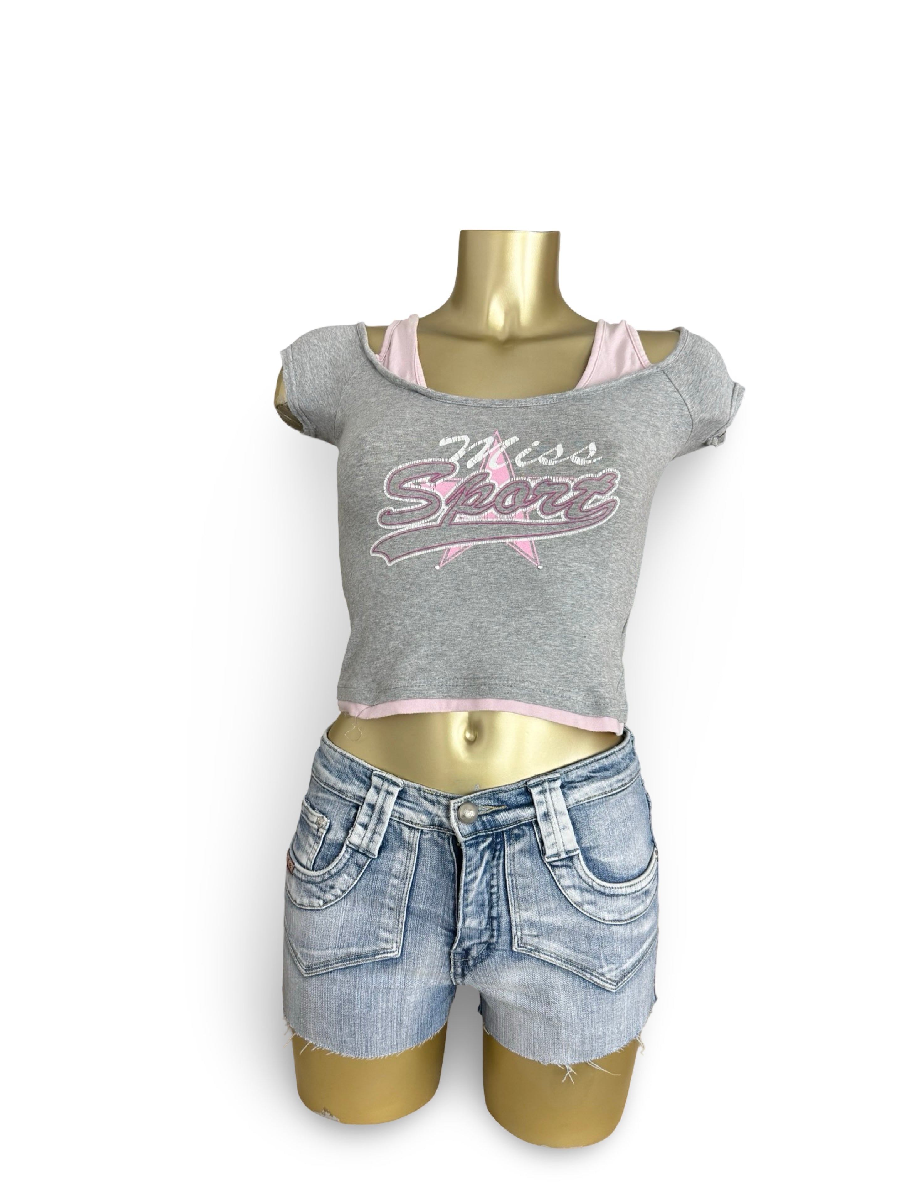 Grey & baby pink cotton tight fit crop tee (XS)