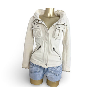 White cotton hooded zip up jacket (S)