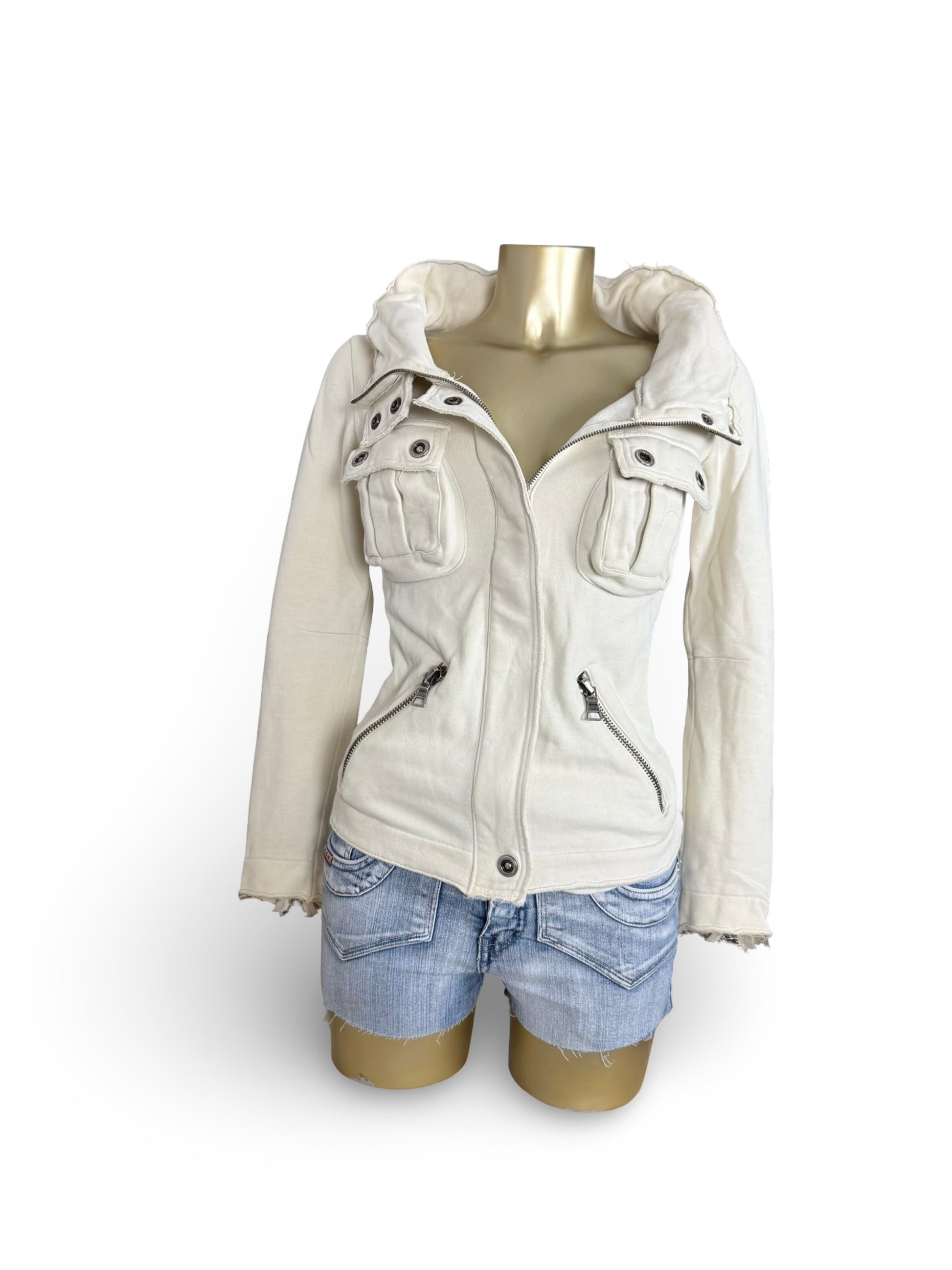 White cotton hooded zip up jacket (S)
