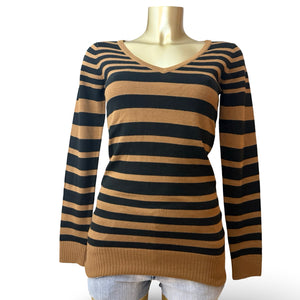 Beige striped super soft V neck jumper (S)