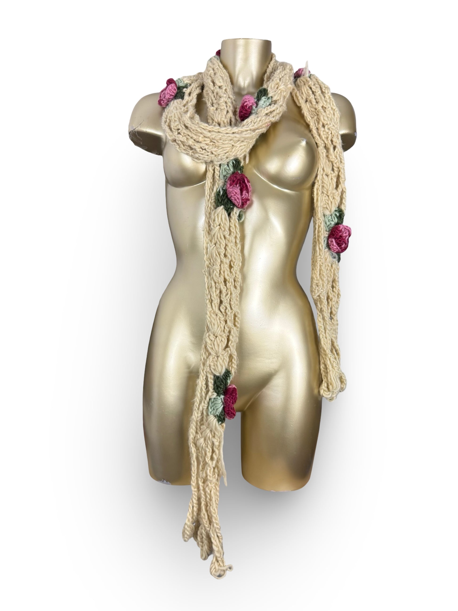 Beige crochet floral winter scarf
