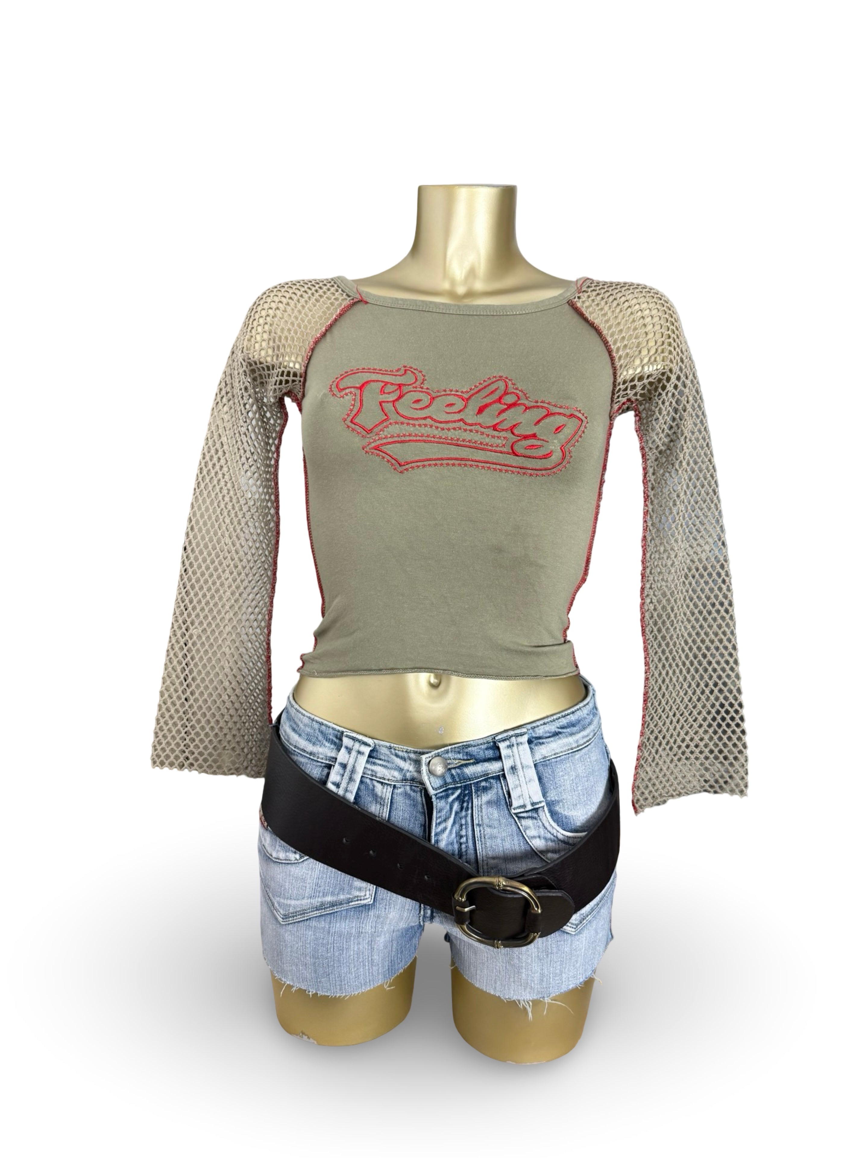 Khaki fishnet long sleeves top (S)