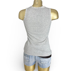 Grey lace neck tight fit cotton tank top (S)