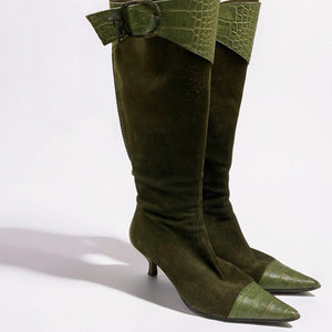 Khaki suede leather pointed toes knee high boots (36)