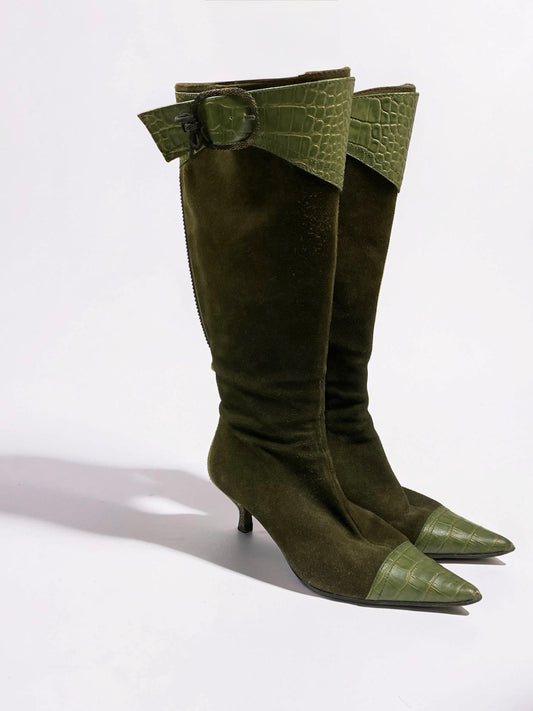 Khaki suede leather pointed toes knee high boots (36)