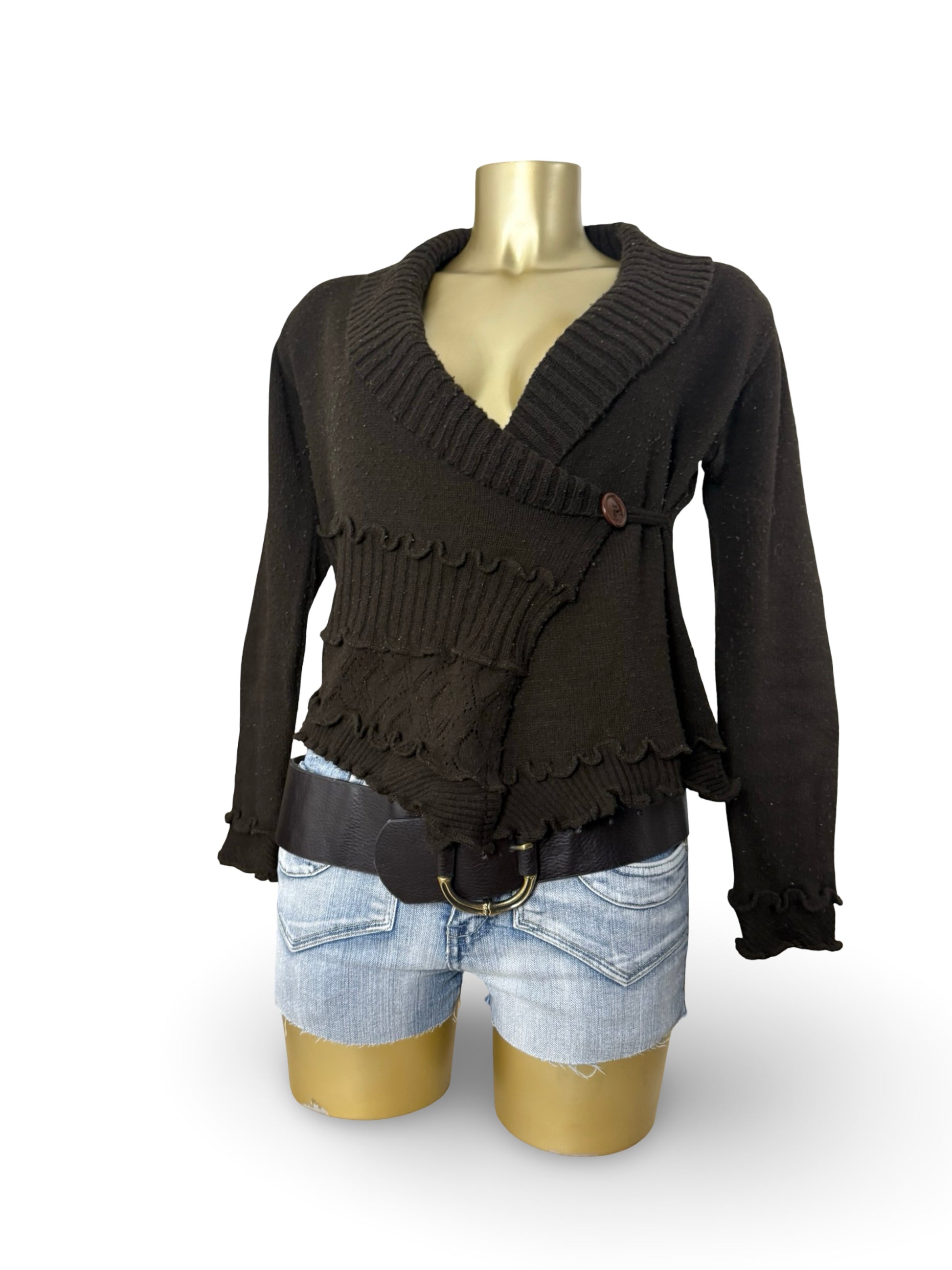 Brown ruffles tie up cardigan jumper (S/M)