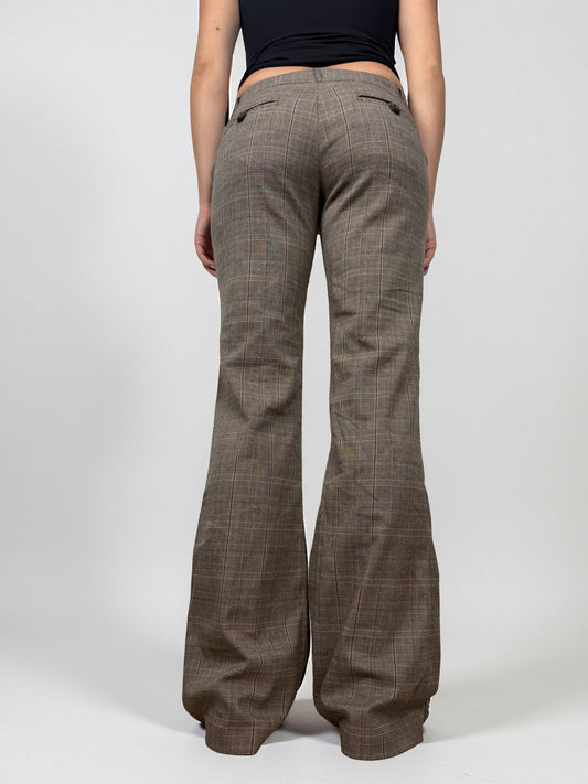 Brown check print office low rise flared pants (M)