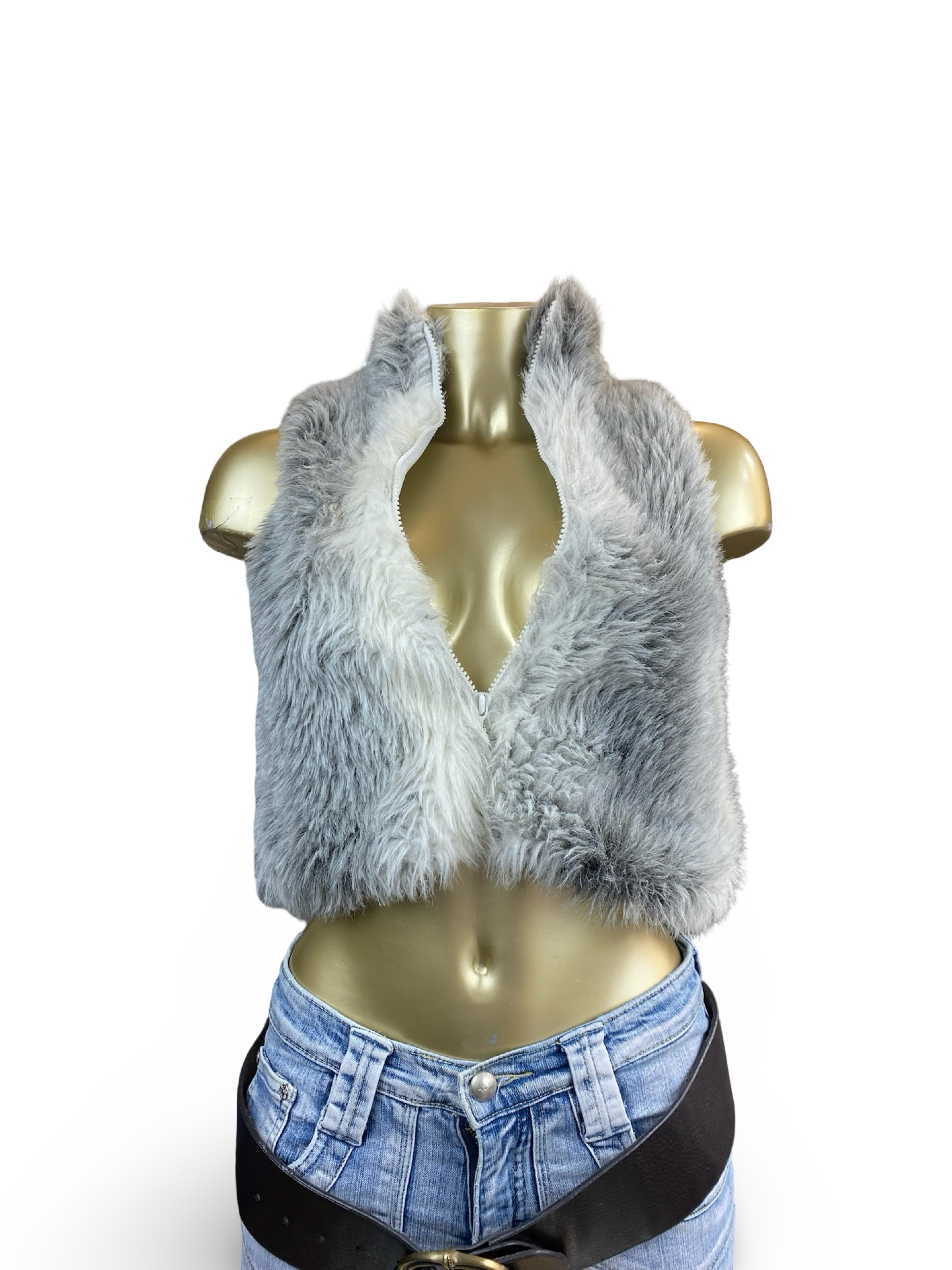 Grey faux fur zip up sleeveless jacket (XS)