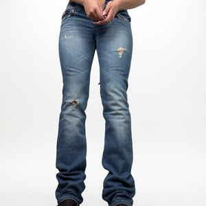Blue low rise straight legs denim pants (S)
