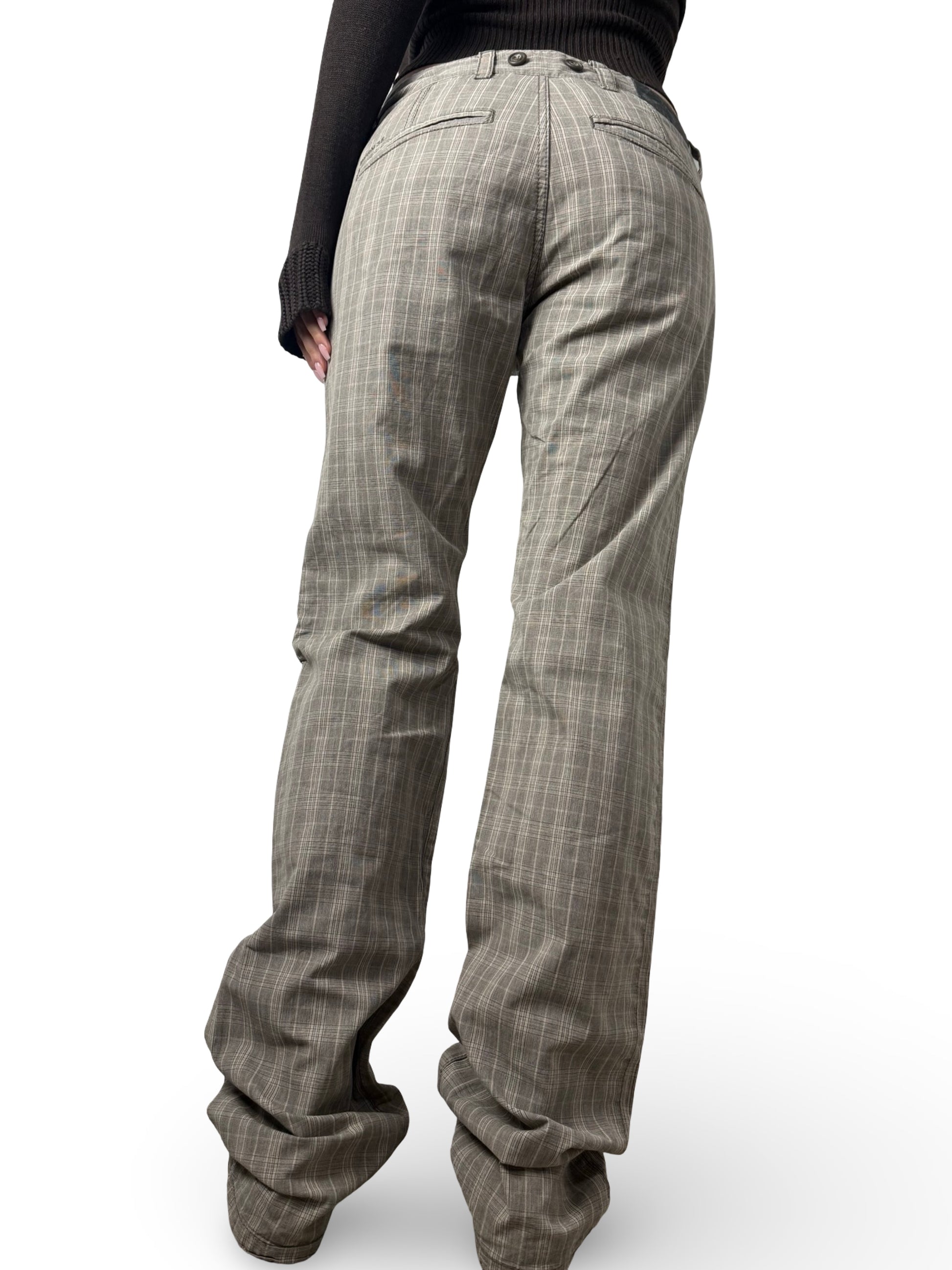 Brown check print low rise baggy pants (M)