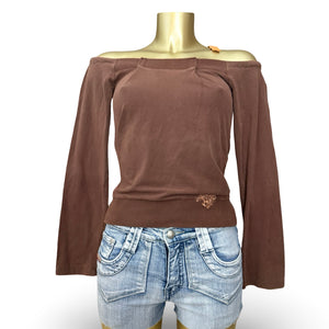 Brown off shoulder tie up long sleeves top (S/M)