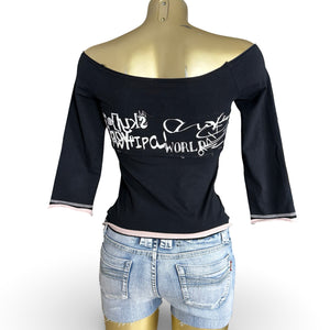 Black graphic tight fit 3/4 sleeves top (S/M)