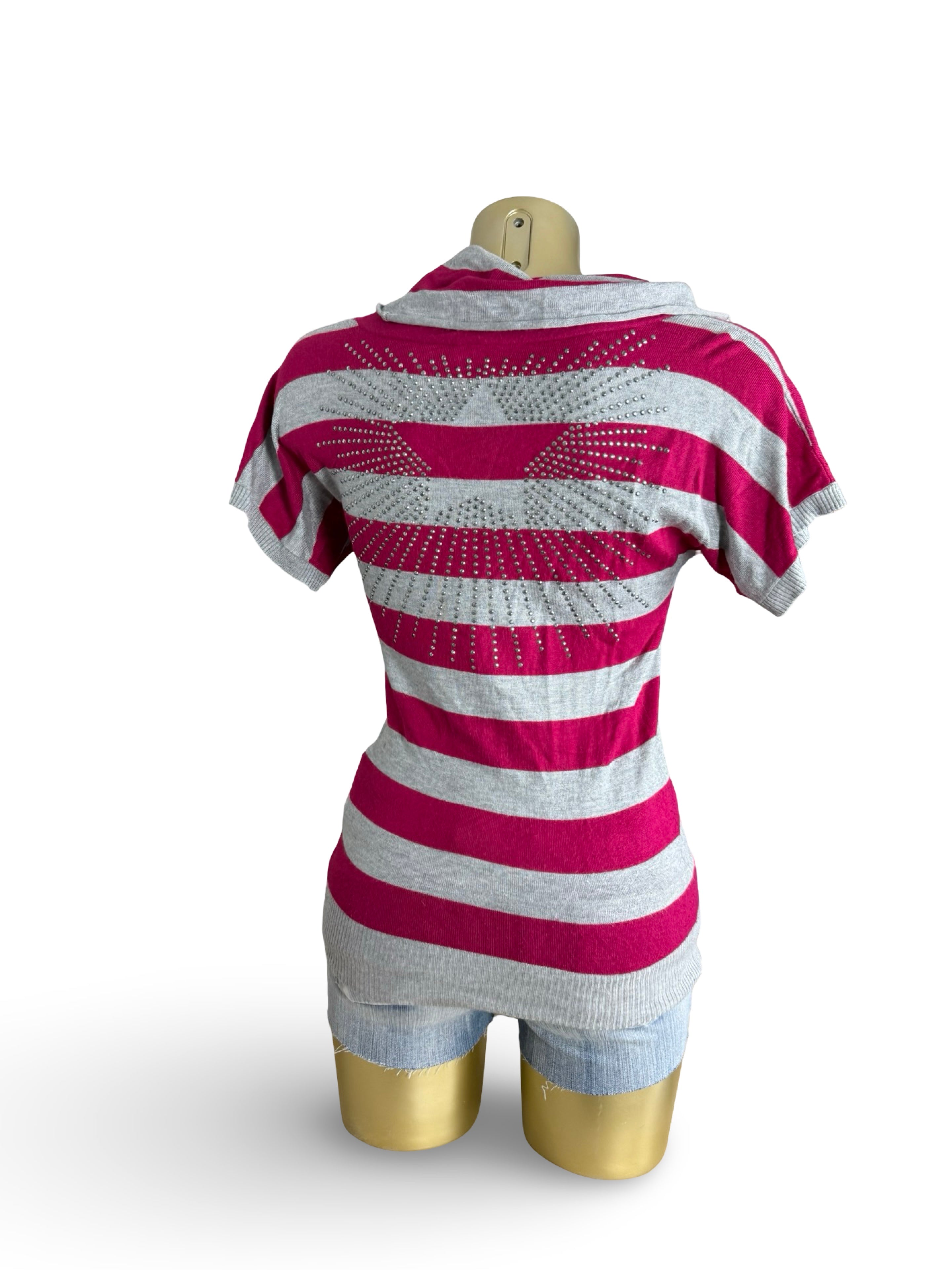 Grey & red striped rhinestones angels knitted tee (S/M)