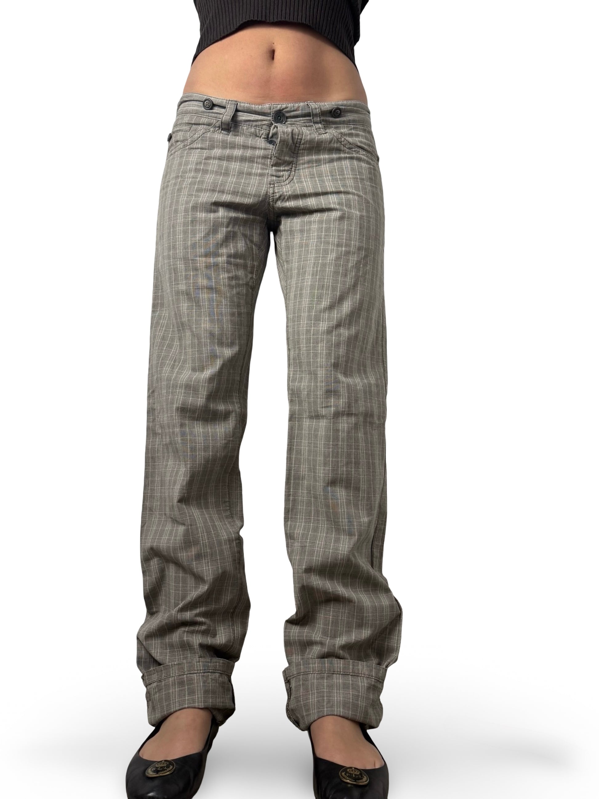 Brown check print low rise baggy pants (M)