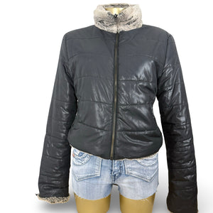 Black 2 in 1 reversible faux fur puffer jacket (S/M)