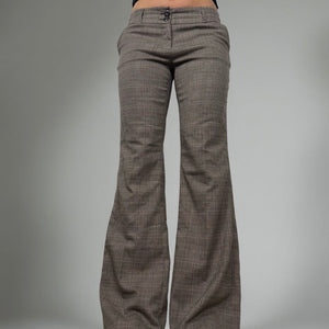 Brown check print office low rise flared pants (M)