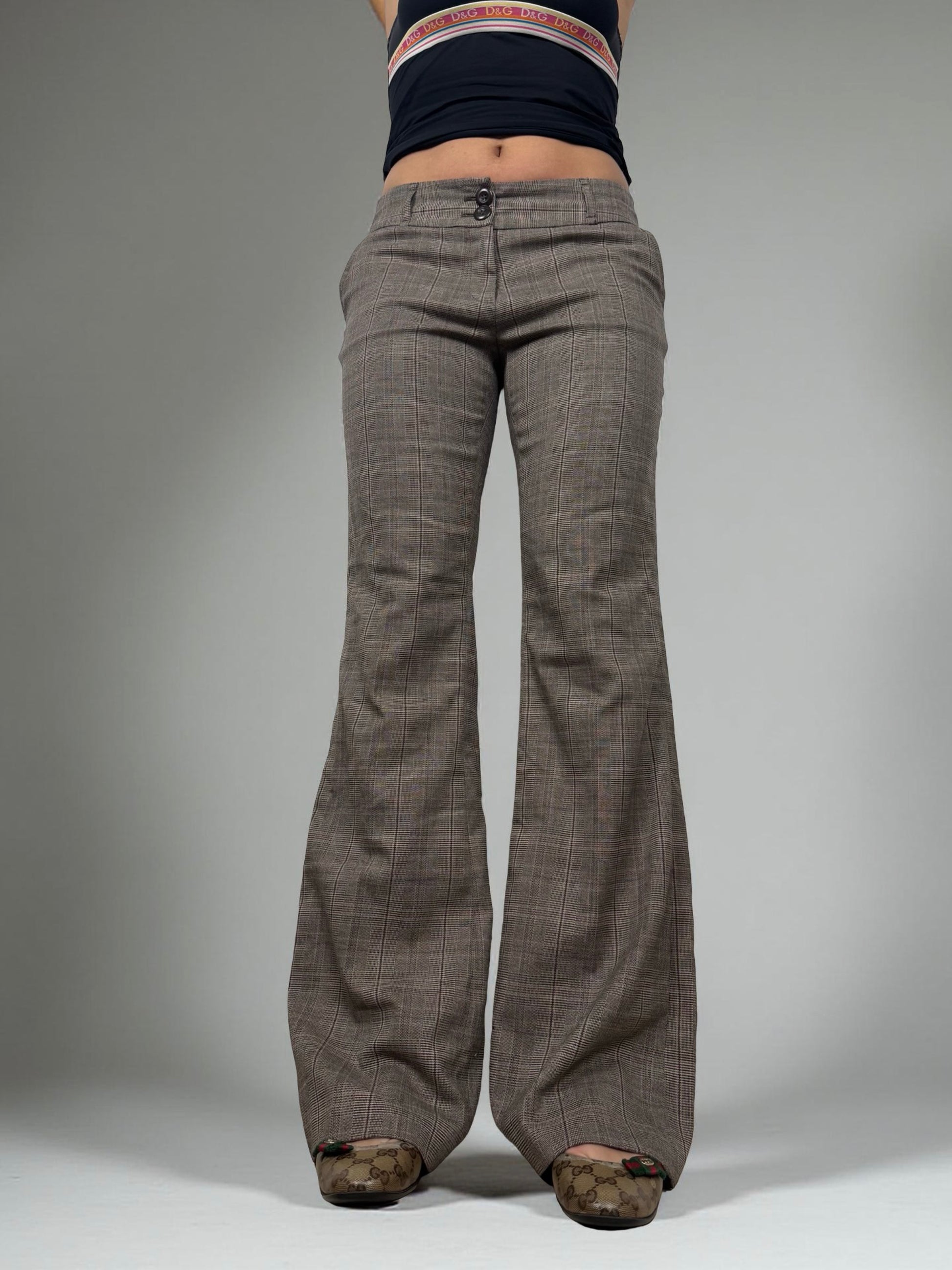 Brown check print office low rise flared pants (M)