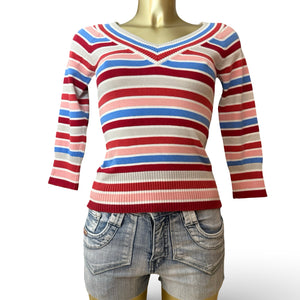 Multicolor striped tight fit V neck jumper (XS/S)