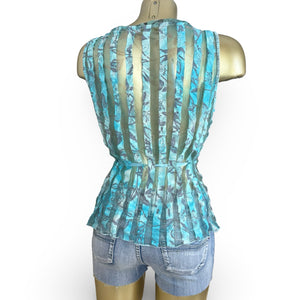 Blue striped floral tie up mesh top (XL)