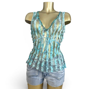 Blue striped floral tie up mesh top (XL)